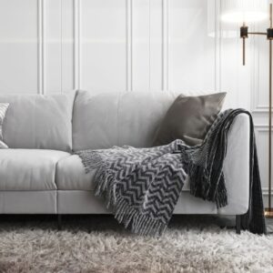 Gray sofa with cushion, shag rug, floor lamp in luxury, modern living room in sunlight on white wainscot wall for interior design decoration, product background 3D
