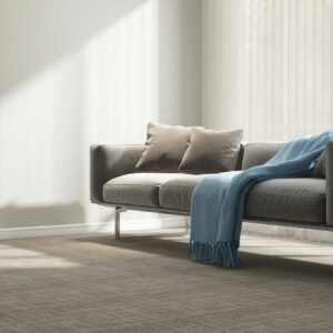 Gray modern sofa with cushions, blue blanket on carpet floor by white vertical blinds window in minimal living room in sunlight on wall for luxury interior design decoration, product background 3D