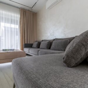 Spacious Living Room with Grey Sectional Sofa and Daylight